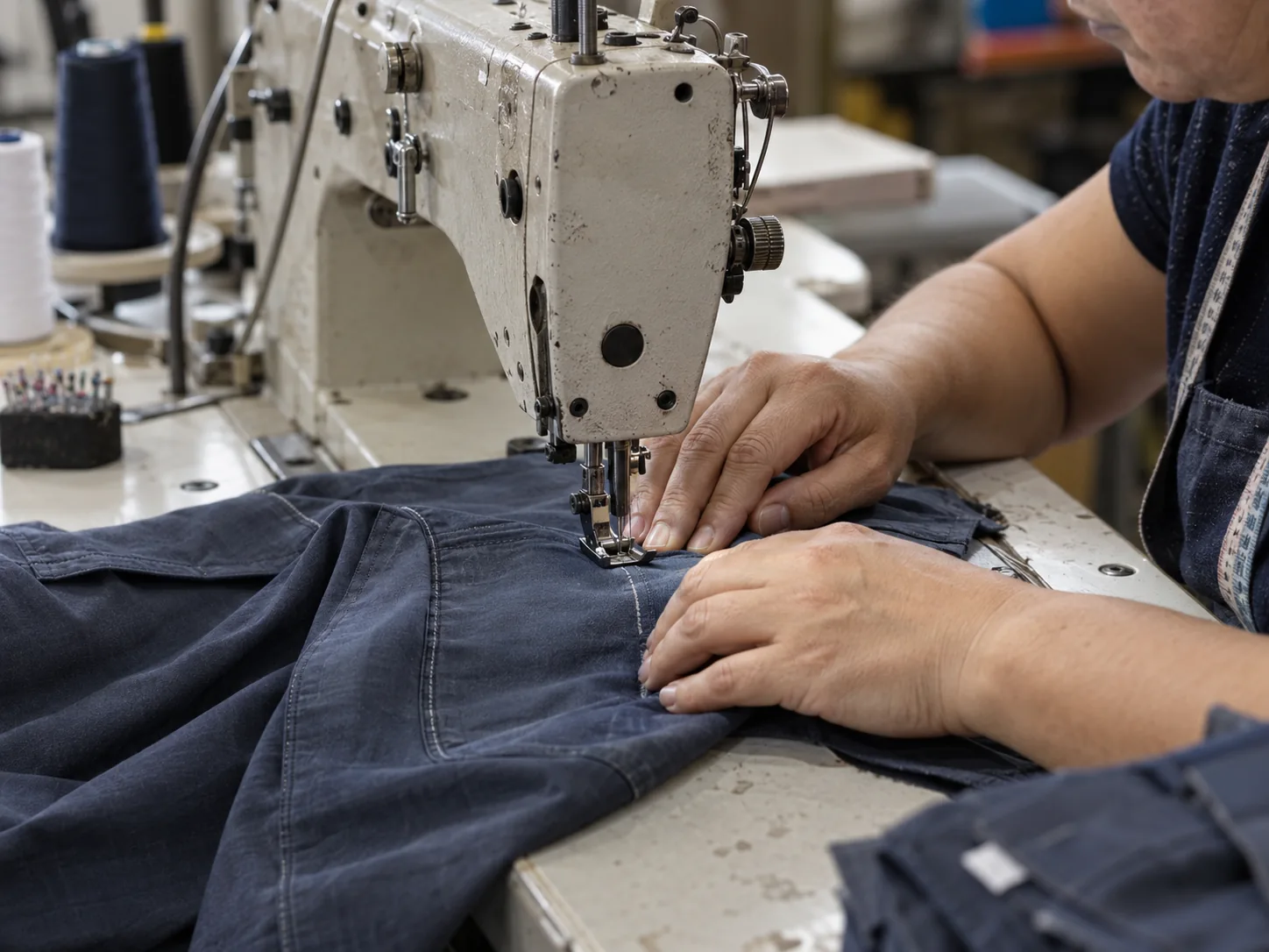 Manos guiando una prenda bajo el prensatelas de una máquina de coser industrial. Imagen referencial.