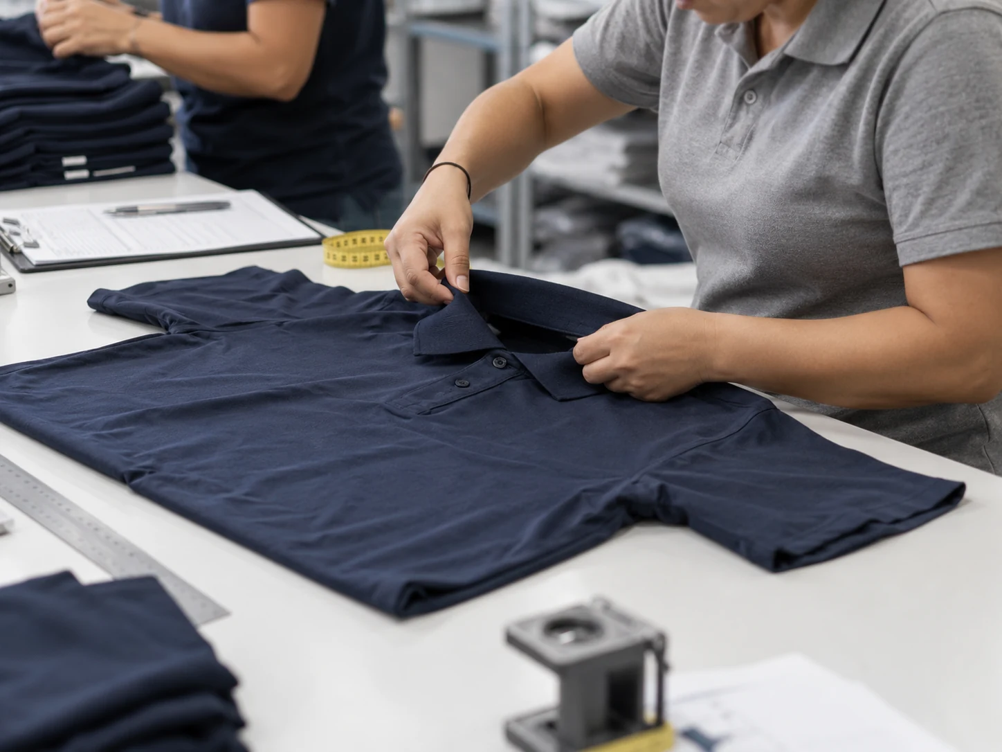 Operaria inspeccionando una camiseta polo sobre una mesa de control de calidad. Imagen referencial.