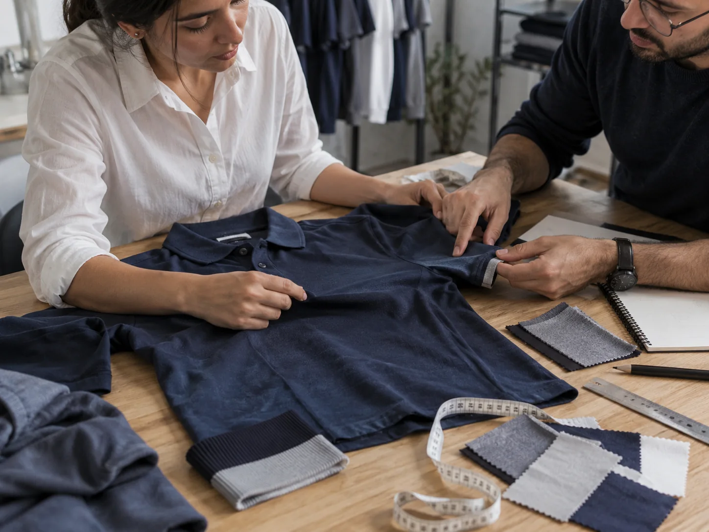 Dos personas revisan el largo de una manga y las piezas de una camisa sobre una mesa. Imagen referencial.
