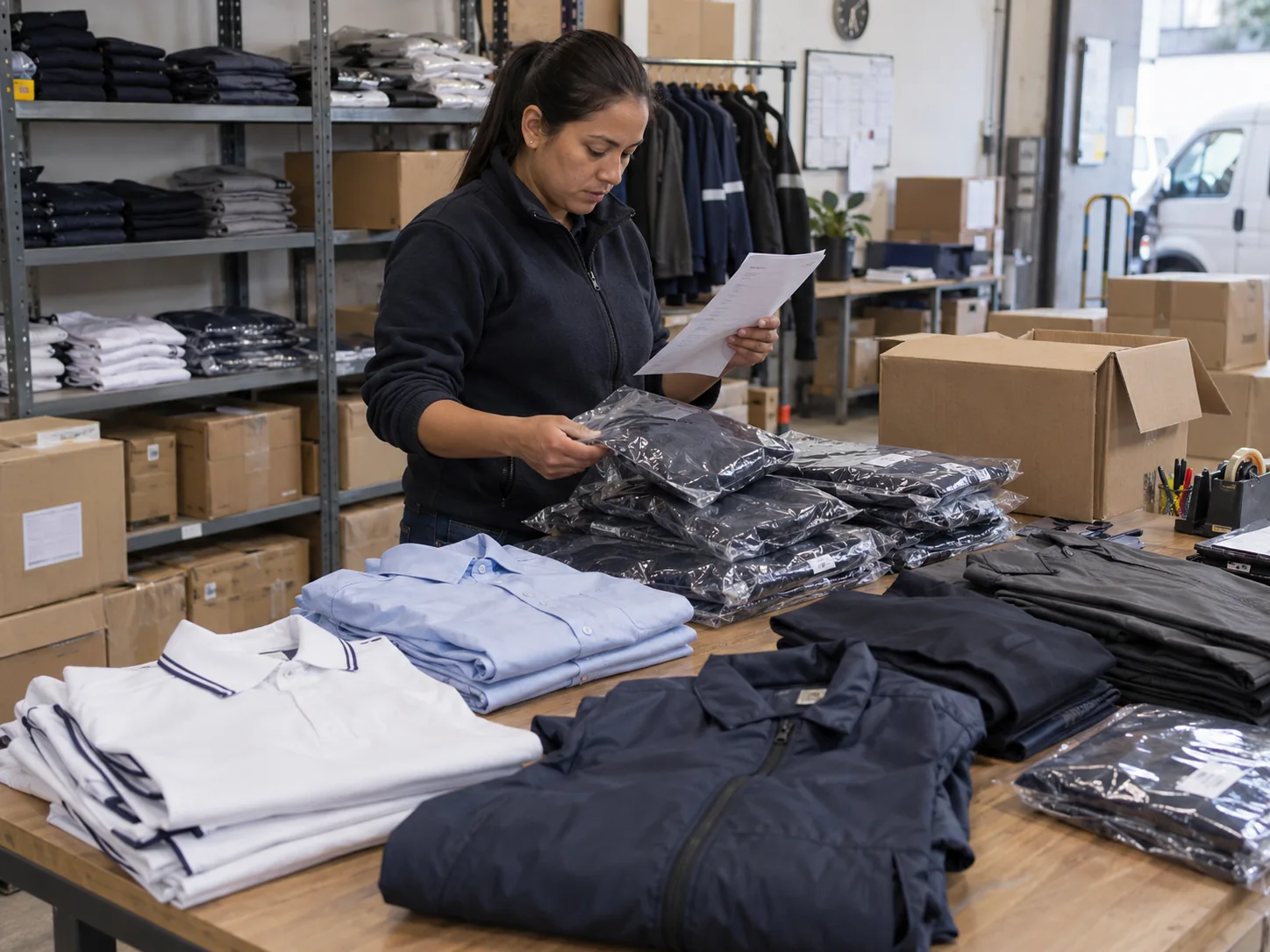 Persona revisando uniformes doblados y enfundados antes de su empaque. Imagen referencial.