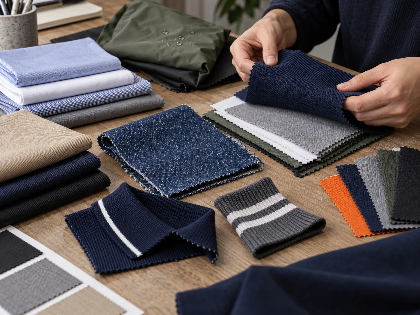 Muestras de tejidos, cuellos y puños de punto en una mesa de selección de materiales. Imagen referencial.