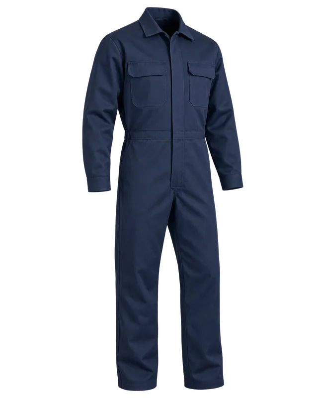 Overol industrial. Uniforme. Manga larga · Dos con tapa · Sin cinta · Cierre bajo tapeta. Vista Frontal.