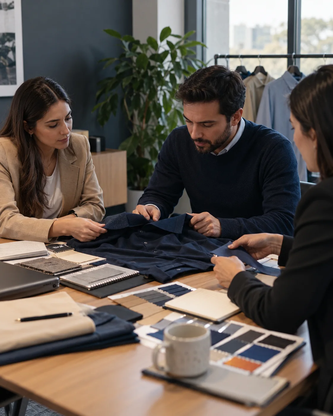 Reunión sobre muestras de prendas y tejidos alrededor de una mesa de trabajo. Imagen referencial.