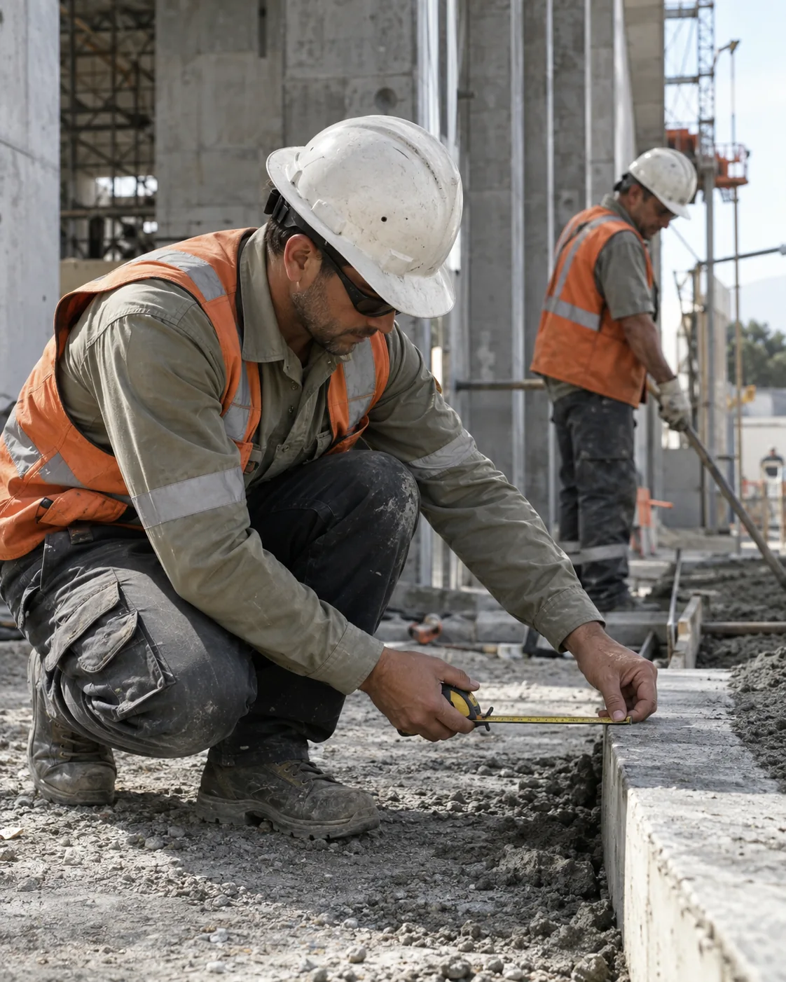 Trabajadores con casco y chaleco visible realizando una medición en una obra. Imagen referencial.