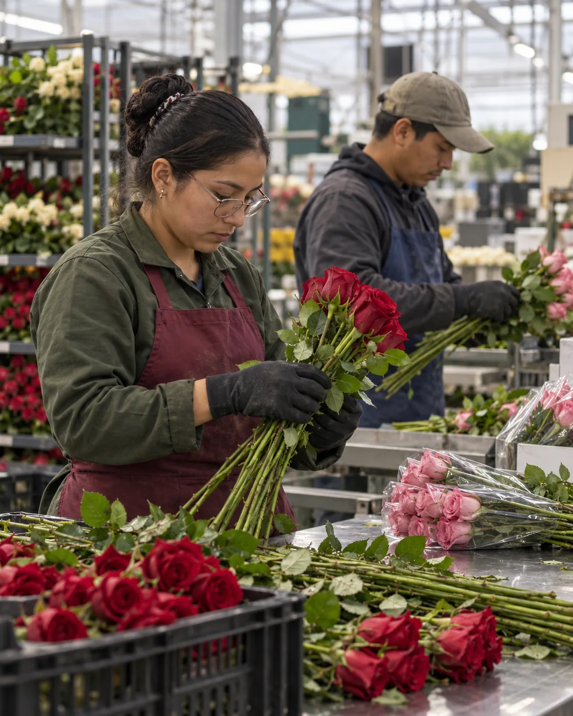 Personal con mandil y guantes clasificando flores en una mesa de poscosecha. Imagen referencial.