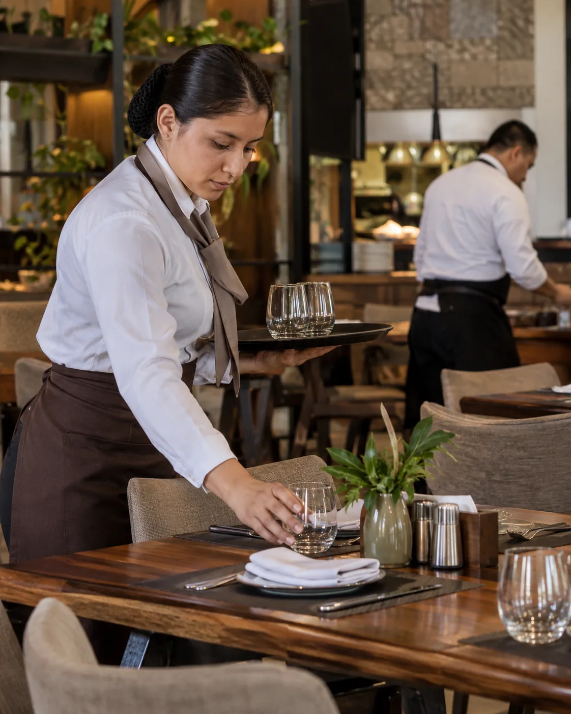 Personal de restaurante preparando las mesas para el servicio. Imagen referencial.