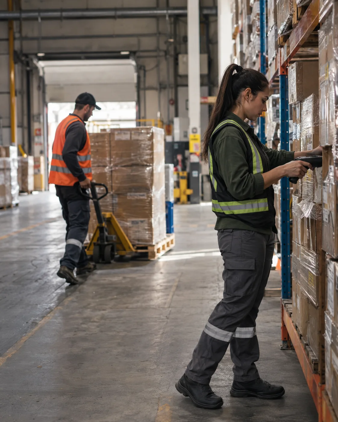 Personal de bodega verificando mercancía entre estanterías, con prendas reflectivas. Imagen referencial.