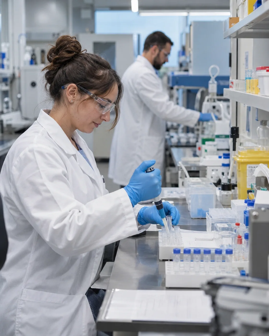 Personal con bata trabajando con muestras en un entorno de laboratorio. Imagen referencial.