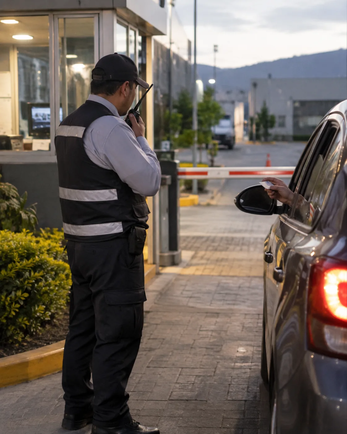 Persona con chaleco reflectivo verificando el acceso de un vehículo. Imagen referencial.